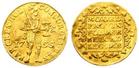 Netherlands HOLLAND 1 Ducat 1755 Averse: Armored; standing Knight holding bundle of arrows divides date without inner circle. Averse Legend: CONCORDIA...