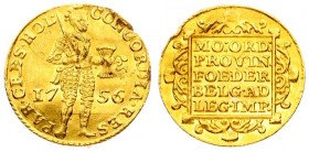 Netherlands HOLLAND 1 Ducat 1756 Averse: Armored; standing Knight holding bundle of arrows divides date without inner circle. Averse Legend: CONCORDIA...