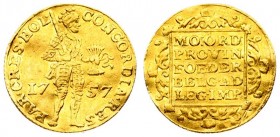 Netherlands HOLLAND 1 Ducat 1757 Averse: Armored; standing Knight holding bundle of arrows divides date without inner circle. Averse Legend: CONCORDIA...