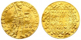 Netherlands HOLLAND 1 Ducat 1758 Averse: Armored; standing Knight holding bundle of arrows divides date without inner circle. Averse Legend: CONCORDIA...