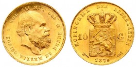 Netherlands 10 Gulden 1879 William III(1849-1890). Averse: Head right. Averse Legend: KONING WILLEM DE DERDE * GOD ZIJ MET ONS. Reverse: Crowned arms ...