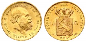 Netherlands 10 Gulden 1880 William III(1849-1890). Averse: Head right. Averse Legend: KONING WILLEM DE DERDE * GOD ZIJ MET ONS. Reverse: Crowned arms ...
