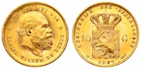 Netherlands 10 Gulden 1889 William III(1849-1890). Averse: Head right. Averse Legend: KONING WILLEM DE DERDE * GOD ZIJ MET ONS. Reverse: Crowned arms ...