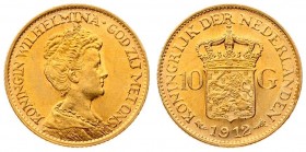 Netherlands 10 Gulden 1912 Wilhelmina I(1890–1948). Averse: Head right. Reverse: Crowned arms divide value. Edge Description: Reeded. Gold. KM 149