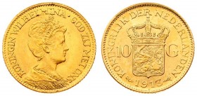 Netherlands 10 Gulden 1913 Wilhelmina I(1890–1948). Averse: Head right. Reverse: Crowned arms divide value. Edge Description: Reeded. Gold. KM 149