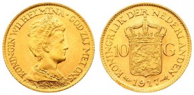 Netherlands 10 Gulden 1917 Wilhelmina I(1890–1948). Averse: Head right. Reverse: Crowned arms divide value. Edge Description: Reeded. Gold. KM 149