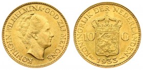 Netherlands 10 Gulden 1933 Wilhelmina I(1890–1948). Averse: Head right. Reverse: Crowned arms divide value. Edge Description: Reeded. Gold. KM 162