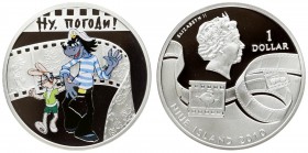 Niue Island 1 Dollar 2010 Cartoon Nu Pogodi Wolf and Hare. Averse: In the upper part of the coin – an image of Her Majesty Queen Elizabeth II. Around ...