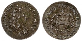 Norway 8 Skilling 1709 (f) Frederic IV(1699-1730). Averse: Bust of Frederic IV right. Averse Legend: FRID • IIII • DEI • GRAT •. Reverse: Crown divide...