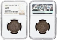 Peru 2 Reales 1826 LIMA JM Averse: Small wreath above arms within sprigs; date below. Averse Legend: REPUB. PERUANA... Reverse: Standing Liberty. Reve...