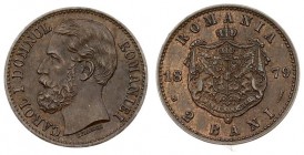 Romania 2 Bani 1879 B Carol I(1866-1914). Averse: Head left. Averse Legend: CAROL I .... Reverse: Crowned arms with supporters within crowned mantle d...