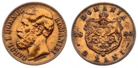 Romania 2 Bani 1880/79 B Carol I(1866-1914). Averse: Head left. Averse Legend: CAROL I .... Reverse: Crowned arms with supporters within crowned mantl...