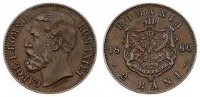 Romania 2 Bani 1880/79 B Carol I(1866-1914). Averse: Head left. Averse Legend: CAROL I .... Reverse: Crowned arms with supporters within crowned mantl...