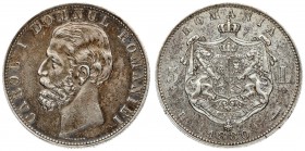 Romania 5 Lei 1880 B Carol I(1866-1914). Name near rim. Averse: Head left. Averse Legend: CAROL I DOMNUL ROMANIEI. Reverse: Crowned arms with supporte...
