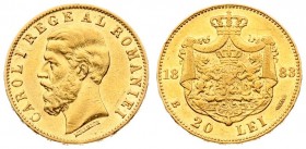 Romania 20 Lei 1883 B Carol I(1866-1914). Averse: Head left. Averse Legend: CAROL I REGE (King). Reverse: Crowned arms with supporters within crowned ...