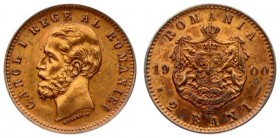 Romania 2 Bani 1900 B Carol I(1866-1914). Averse: Head left. Reverse: Crowned arms with supporters within crowned mantle divided date. Reverse Legend:...