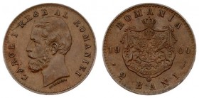 Romania 2 Bani 1900 B Carol I(1866-1914). Averse: Head left. Reverse: Crowned arms with supporters within crowned mantle divided date. Reverse Legend:...