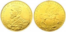 Romania 50 Lei 1906 Brussels mint. Carol I(1866-1914). For the 40th anniversary of reign. Averse: Uniformed bust left. Reverse: King on horseback righ...