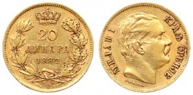 Serbia 20 Dinara 1882 V Milan I(1868–1889). Averse: Head right. Averse Legend: Short title. Reverse: Value date within crowned wreath. Edge Lettering:...