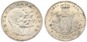 Serbia 5 Dinara 1904 100th Anniversary - Karageorgevich Dynasty. Peter I(1903-1918). Averse: Conjoined heads right with designer name below neck. Reve...