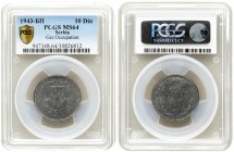 Serbia 10 Dinara 1943БП (BP) Averse: Double-headed eagle. Reverse: Value and date within oat sprigs. Zinc. KM 33 PCGS MS64 MAX GRADE