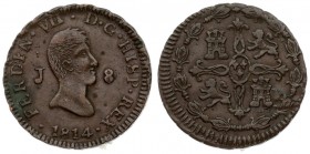 Spain 8 Maravedis 1814 Ferdinand VII(1808-1833). Averse: Head right. Averse Legend: FERDIN • VII... Reverse: Cross wtih castles and lions within wreat...