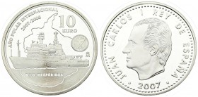 Spain 10 Euro 2007 International Polar Year. Juan Carlos I(1975-2014). Ship left; outline map of Antartica in background. Silver. KM 1140. With capsul...