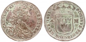 Sweden 4 Mark 1691 AS Charles XI(1660-1697). Averse: Mature bust of Charles XI right. Reverse: Crowned shield divides value. Silver. Scratches. KM 296