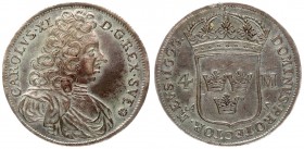 Sweden 4 Mark 1696 AS Charles XI(1660-1697). Averse: Mature bust of Charles XI right. Reverse: Crowned shield divides value. Silver. KM 296