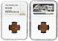 Sweden 1 Ore 1867 Carl XV Adolf(1859-1872). Averse: Head left. Averse Legend: CARL XV SVERIGES... Reverse: Value; date within wreath. Bronze. Nice pat...