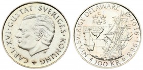 Sweden 100 Kronor 1988 350th Anniversary of Swedish Colony in Delaware. Carl XVI Gustaf(1973-). Averse: Large head left. Reverse: Three small crowns; ...