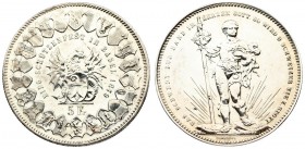 Switzerland 5 Francs 1879 Averse: Standing figure. Lettering: DAS SCHWERT ZUR HAND IN HERZEN GOTT. SO WIRD D. SCHWEIZER NIE Z. SPOTT DURUSSEL. Reverse...