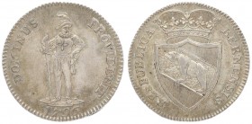 Switzerland BERN 1/2 Thaler 1796. Averse: Crowned spade arms of Bern. Averse Legend: BERNENSIS RESPUBLICA. Reverse: Swiss standing with long sword on ...