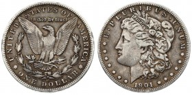 USA Morgan 1 Dollar 1901 O New Orleans. Averse title: E. PLURIBUS. UNUM // 1901. Averse description: Head on the left of a woman symbolizing Liberty. ...