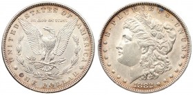 USA 1 Dollar "Morgan Dollar" 1882 Philadelphia. Averse legend: E. PLURIBUS. UNUM // (DATE). Averse description: head on the left of a woman symbolizin...