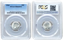 USA 10 Cents1964 Philadelphia mint. (ONE DIME) United States Roosevelt Dime 1964.U.S. Mint Philadelphia. Silver. PCGS MS65FB
