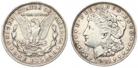 USA Morgan 1 Dollar 1921 D Denver. Averse legend: E. PLURIBUS. UNUM // (DATE). Averse description: head on the left of a woman symbolizing Liberty. Re...