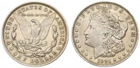 USA Morgan 1 Dollar 1921 Philadelphia. Averse title: E. PLURIBUS. UNUM // 1921. Averse description: Head on the left of a woman symbolizing Liberty. R...