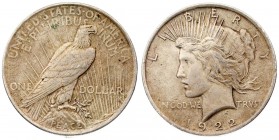 USA 1 Dollar 1922 Peace Dollar Philadelphia. Av.: LIBERTY // 1922. Radiated head of Liberty on the left and in the field IN GOD WE - TRUST inscription...