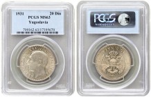 Yugoslavia 20 Dinara 1931(k) Alexander I(1921-1934). Averse: Head left. Reverse: Crowned double eagle with shield on breast. Edge Description: Milled....