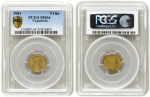 Yugoslavia 5 Para 1981 Averse: State emblem. Reverse: Denomination divides date. Edge Description: Reeded. Brass. KM 43. PCGS MS64 Mistake in Slab