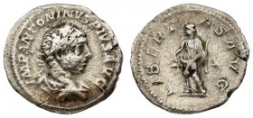 Roman Empire 1 Denarius 218 Elagabalus 218-222. Rome. Av: IMP ANTONINVS PIVS AVG. Laureate and draped bust right. Rev: LIBERTAS AVG. Libertas standing...