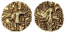 India Kushan Empire 1 Dinar Circa AD 350-375. AV Dinar. Uncertain mint. Kipunadha standing left sacrificing over altar and holding filleted staff; fil...