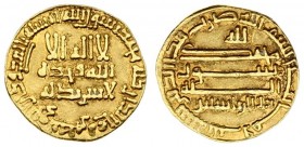Abbasid 1 Dinar (AH 196-218 / AD 812-833) time of al-Mamun AV Dinar. Kalima in three lines across field; Qur'an IX; 33 in outer margin / Continuation ...