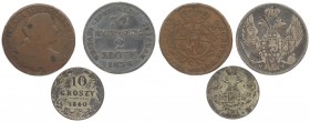 Poland 3 Grosze 1766 G & 2 Zlote-30 Kopecks1838 & 10 Groszy 1840. Scratches. Copper; Silver. Lot of 3 Coins