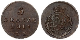Poland 3 Grosze 1811 IS Warsaw. Averse: Crowned oval arms within sprays. Reverse: Value; date. Copper. C 82; Iger KW.11.1.a; Kahnt 1277; Kop. 3677; Pl...