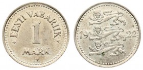 Estonia 1 Mark 1922. Averse: Three leopards left divide date. Reverse: Denomination. Edge Description: Milled. Copper-Nickel. KM 1