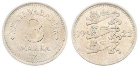Estonia 3 Marka 1922 Averse: Three leopards left divide date. Reverse: Denomination. Copper-Nickel. Scratches. KM 2