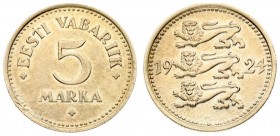 Estonia 5 Marka 1924 Averse: Three leopards left divide date. Reverse: Denomination. Edge Description: Milled. Nickel-Bronze. KM 3a