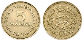 Estonia 5 Marka 1926 Original Averse: National arms within wreath. Reverse: Denomination; date below. Nickel-Bronze. KM 7